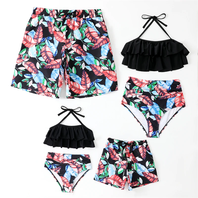 

2023 Leaf Family Matching Swimsuits Ruffled Mother Daughter Swimwear Father Son Swim Shorts Mommy and Me Clothes Outfits Look
