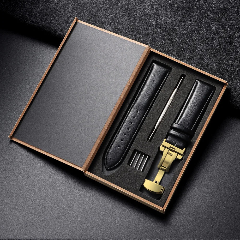 Elegant Genuine Leather Watchband with Butterfly Buckle - Premium Wrist Strap for Men and Women in Gift Box