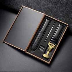 Elegant Genuine Leather Watchband with Butterfly Buckle - Premium Wrist Strap for Men and Women in Gift Box (Black - Gold)