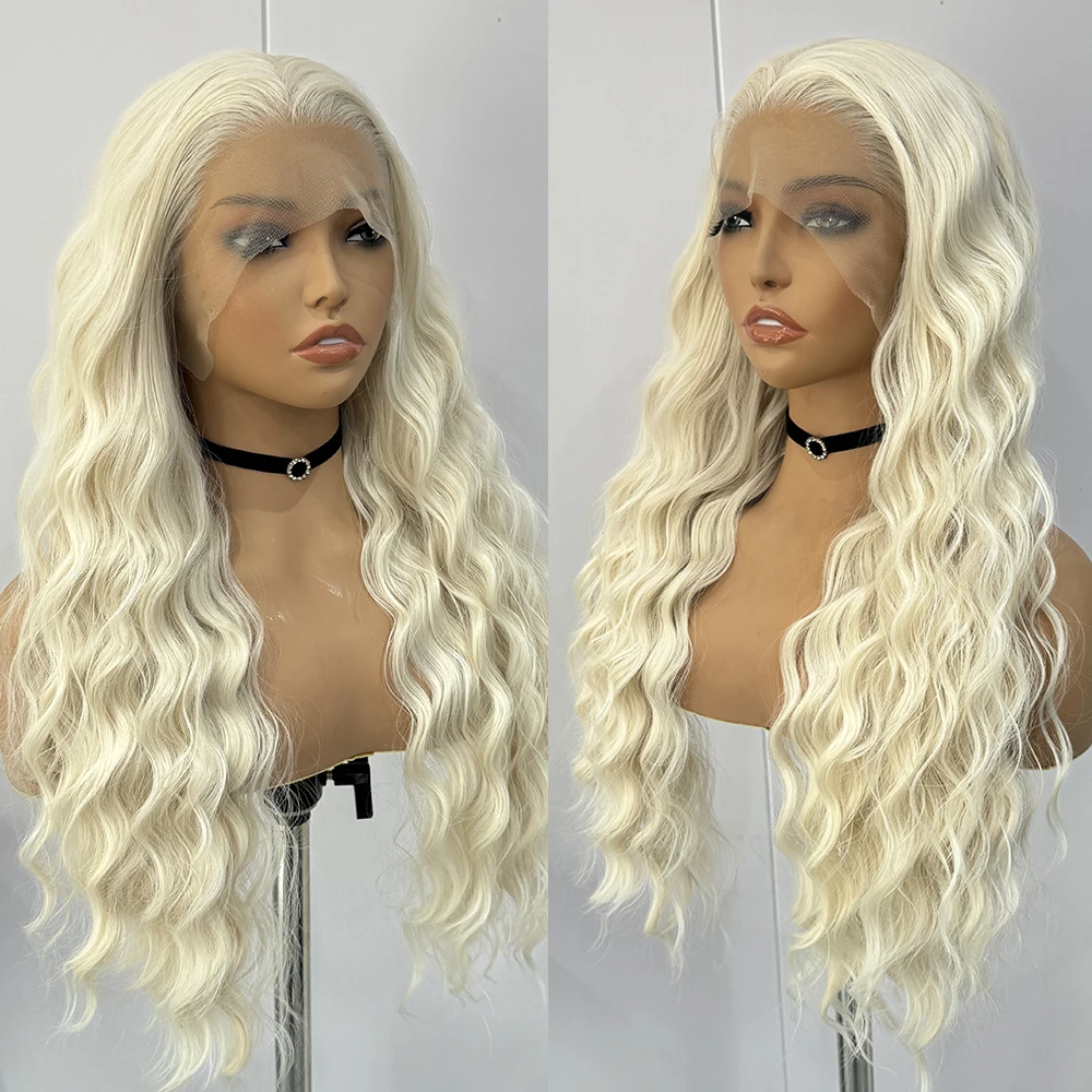 Lace Front Wig Synthetic Hair Wigs Synthetic Platinum Blonde Wig Lace Front Wigs Women Loose Curly Hair Heat Resistant Fiber Free Part Natural Wave Cosplay Wig