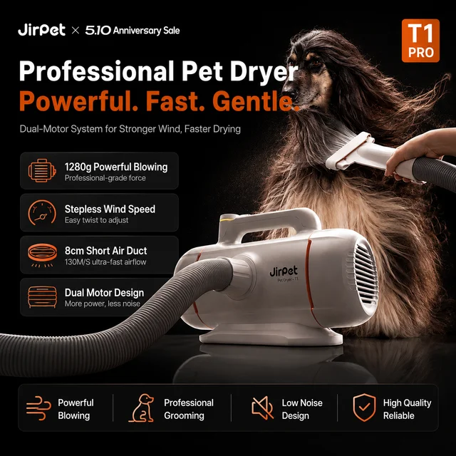 JIRPET T1 Professional Pet Dryer For Dog Cat Grooming 3000W Adjustable Speed Low Noise High Velocity Blower China Plug 220V 1