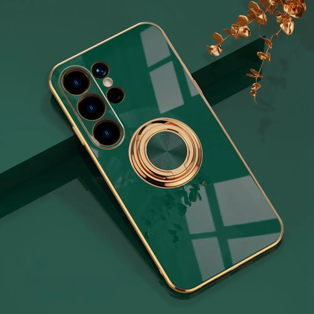 Luxurious Shockproof Silicone Case with Gold Plated Bumper and Magnetic Ring Holder