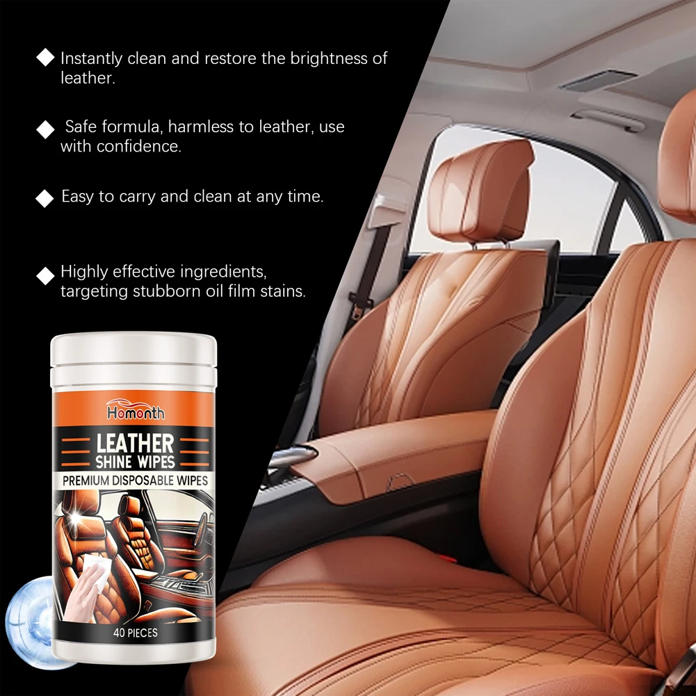 40Pcs Car Interior Cleaner Wipes Disposable Car Leather Wipes Conditioning Plastic Leather Restore Polish