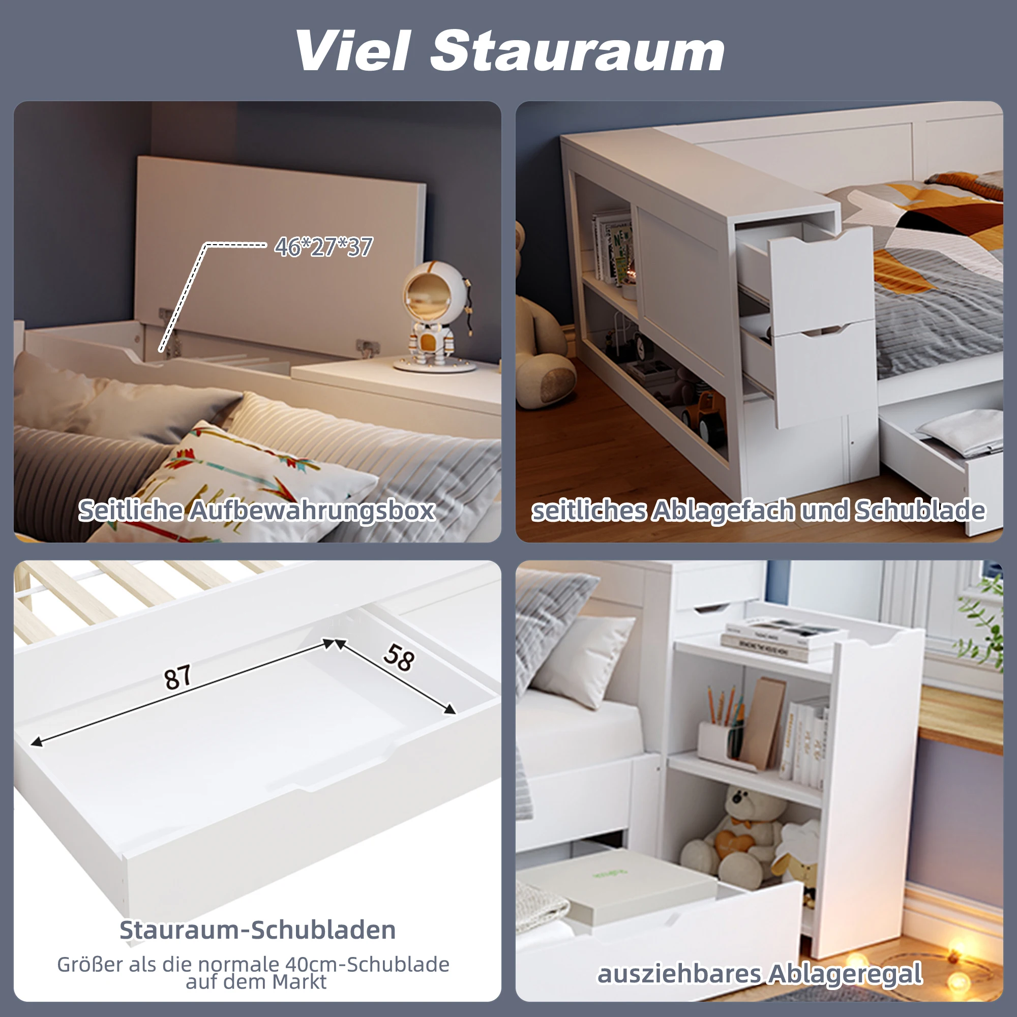 KOMHTOM Weißes multifunktionales Kinder Einzelbett Daybed 90x200cm mit Nachttisch Schubladen Regalen und Stauraum ohne Matratze – Detail 5