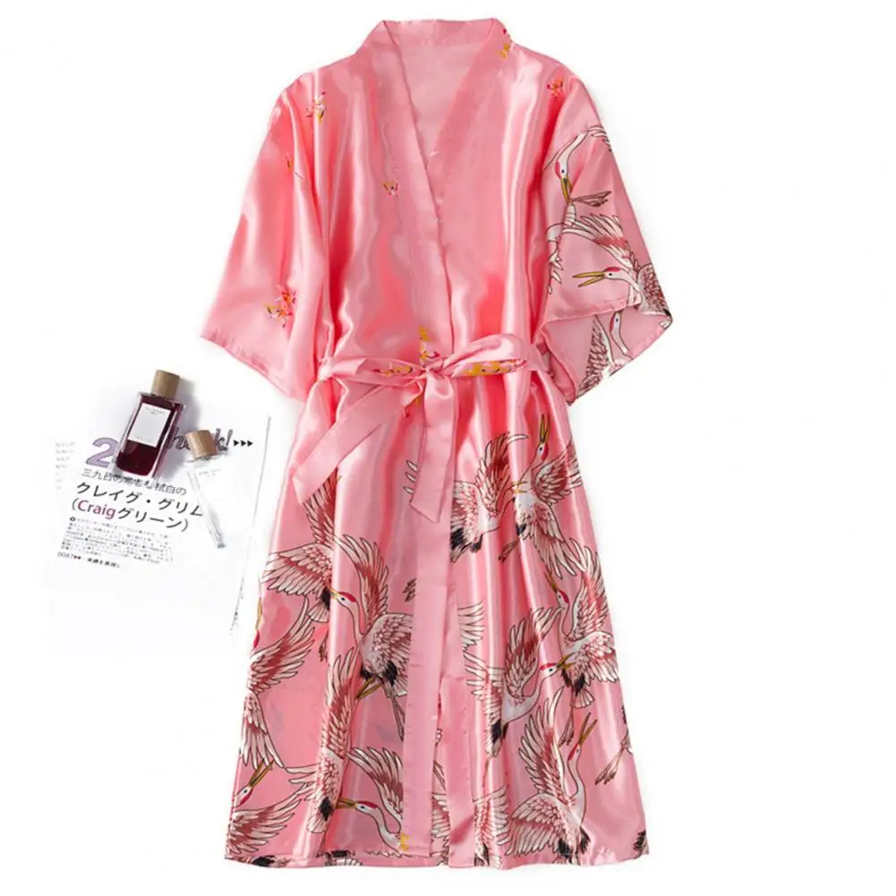 

Women Home Pajamas Elegant Bird Print Satin Lace-up V Neck Bathrobe for Women Soft Cardigan Nightgown Morning Dressing Gown