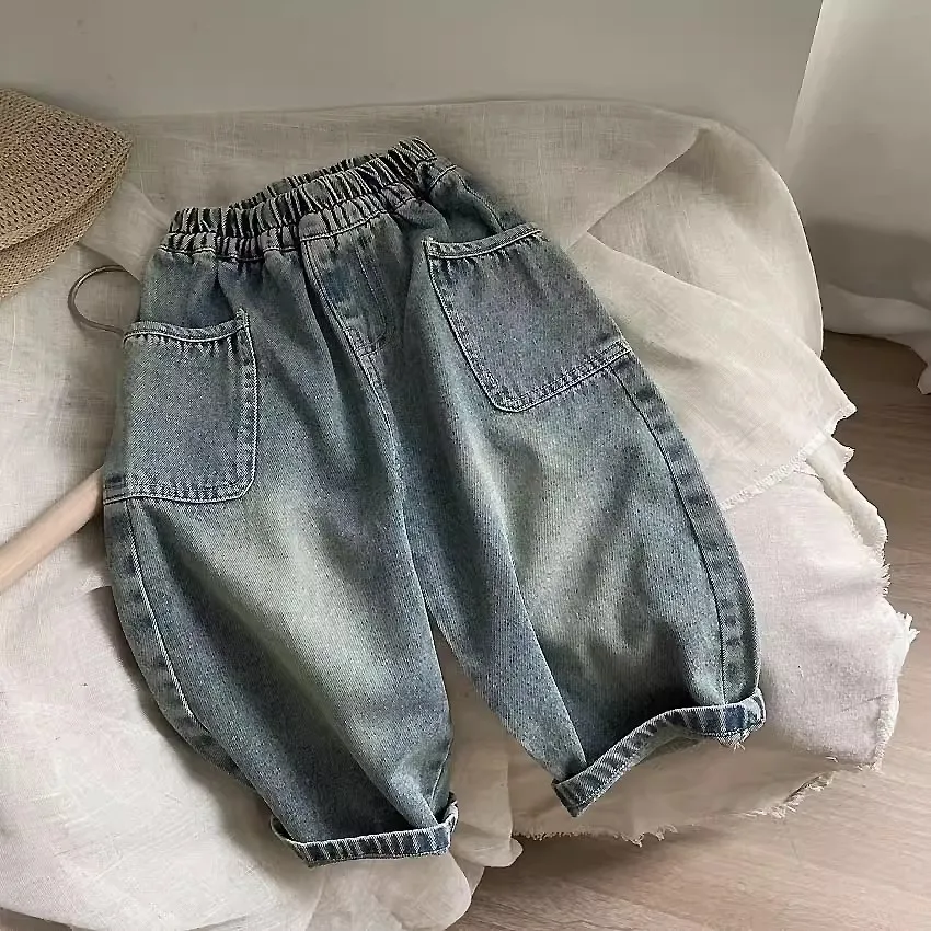Children's 2025 Spring and Autumn New Collection: Children's Baby Casual Pants, Side Pockets, Grinding White Boys' Jeans