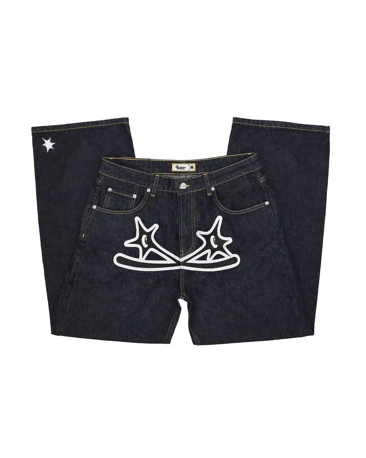 thumbnail image 1 of PROTECT Y2k - Pantalones vaqueros con estampado de estrellas cruzadas y estilo hip hop, estilo gótico, retro, holgados, azules y negros, para hombre, estilo punk, rectos, ropa de calle, 1 of 5