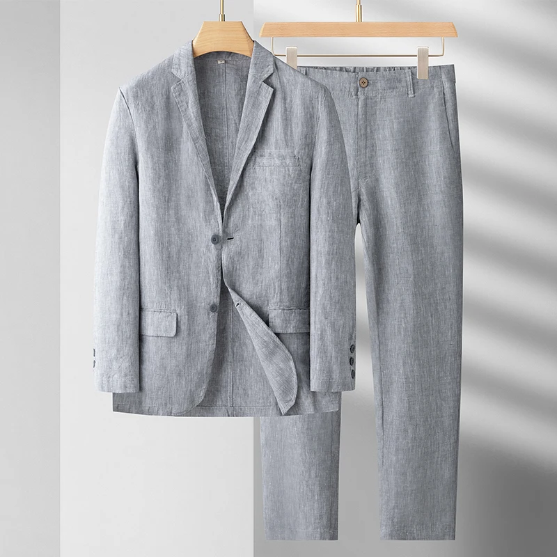 Spring Summer Linen Blazer Man 2 Piece Blazers Set For Men Suit Male Loose Business Masculino Fashion Casual Thin Style New