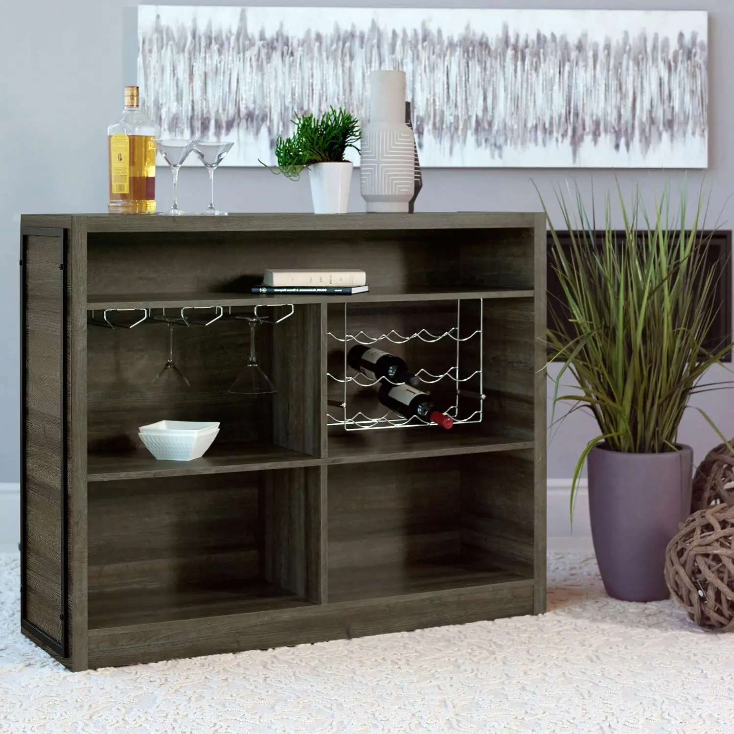 Home Bar Unit 5-Shelf Wine Liquor Storage Cabinet Joe Rustic Farmhouse Aged Oak 182071