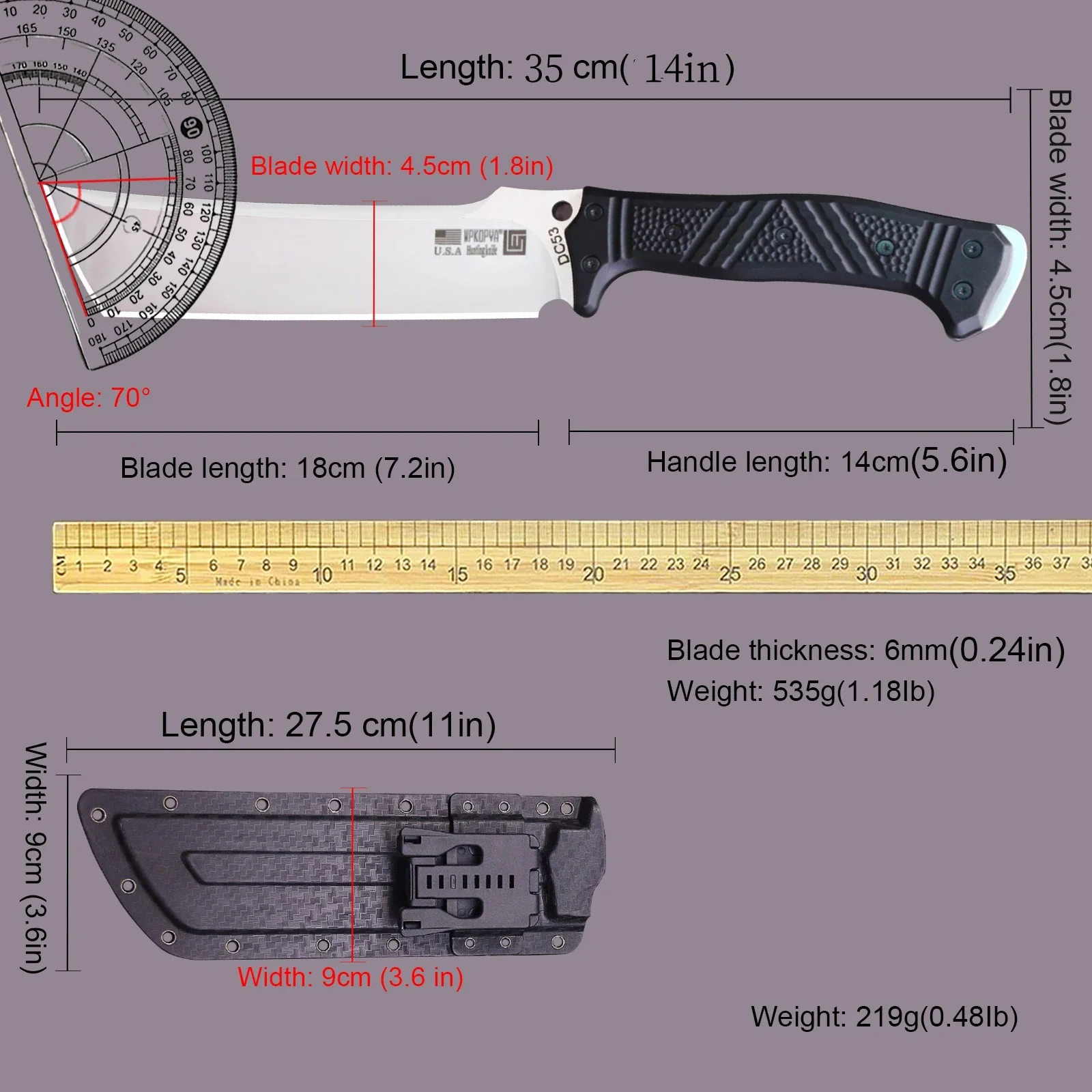 WPKOPYA U.S.A(Sanding) DC53 steel 14"multi-purpose outdoor firewood knife + sheath, farm chopping tool knife 6