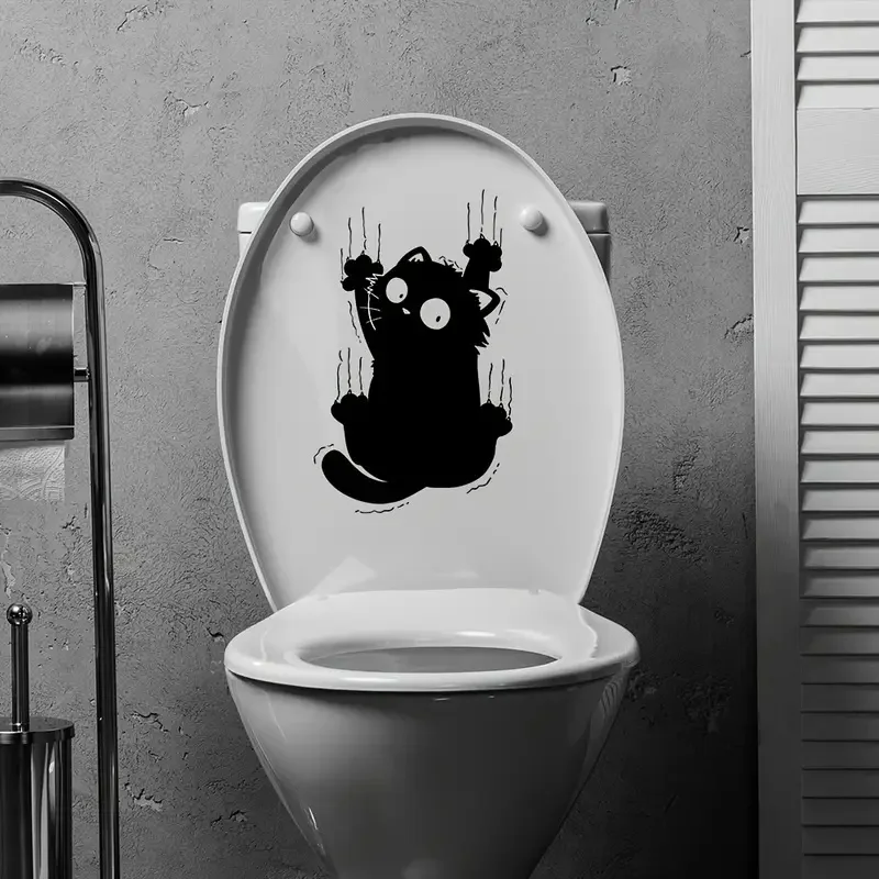 Fun Cat Self-Adhesive Toilet Stickers,Wall Decal Removable, Reusable PVC Sticker for Toilet Lid, Bathroom Decor