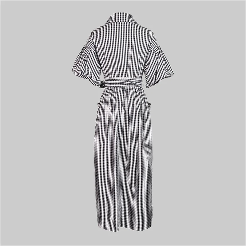 Yeezzi 2025 New Fashion Plaid Lapel Shirt Dress Women Ruffle Sleeves Buttoned Pockets Front-slit High Waist Elegant Maxi Dresses 4