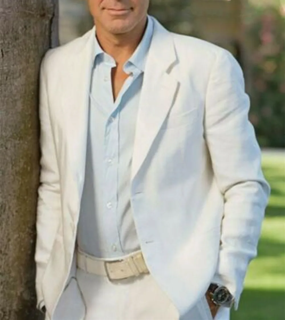 

White Summer Linen Men's Blazer 2 Pieces Party Wedding Tuxedos Slim Fit Custom Middle-aged men's business Suits (Jacket+Pants)