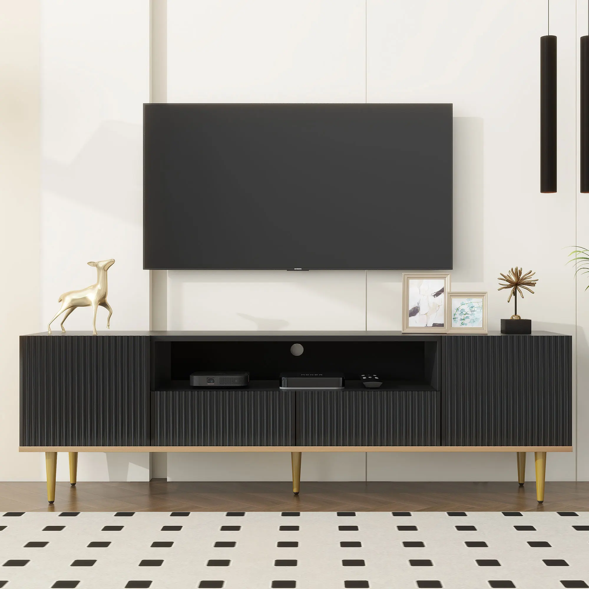 

Modern TV Stand for 70+ Inch TV, Entertainment Center TV Media Console Table, with Shelf, 2 Drawers and 2 Cabinets