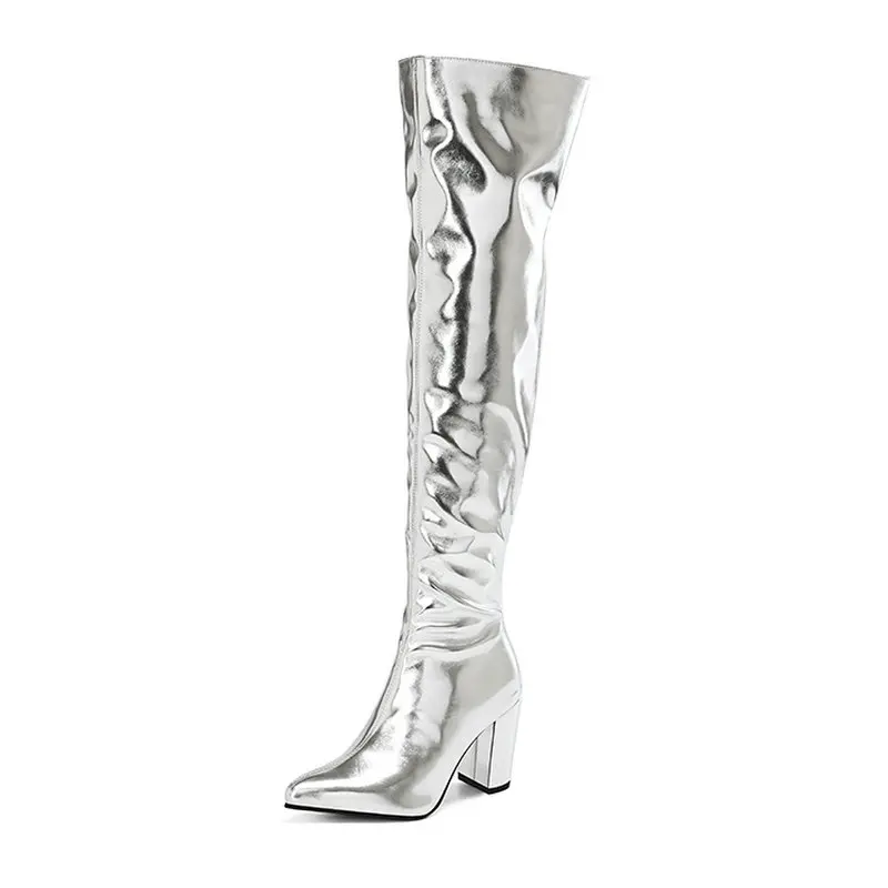 2023 Women Over the Knee Boots Pointed Toe Square High Heel Ladies Thigh Boots PU Leather Side Zipper Party Women's Boots Gold