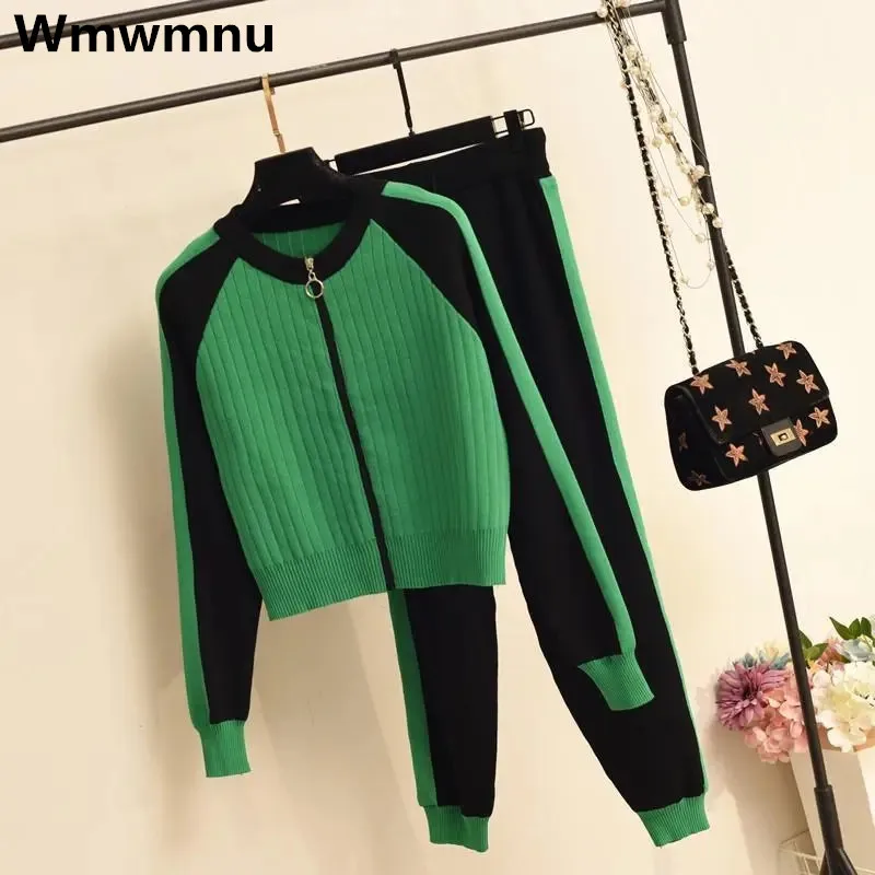 

Knit O-neck Spliced Sweater 2 Piece Set Casual Women Jersey Tops Outfits High Waist Knitwear Jogger Ensembles Loose Vintage Suit