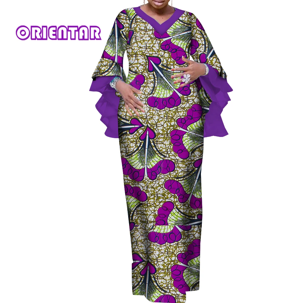 

Casual African Dresses for Women Ruffled Flare Sleeve V-neck Long Maxi Dress Ankara Dresses Dashiki Robe Africaine Femme Wy9846