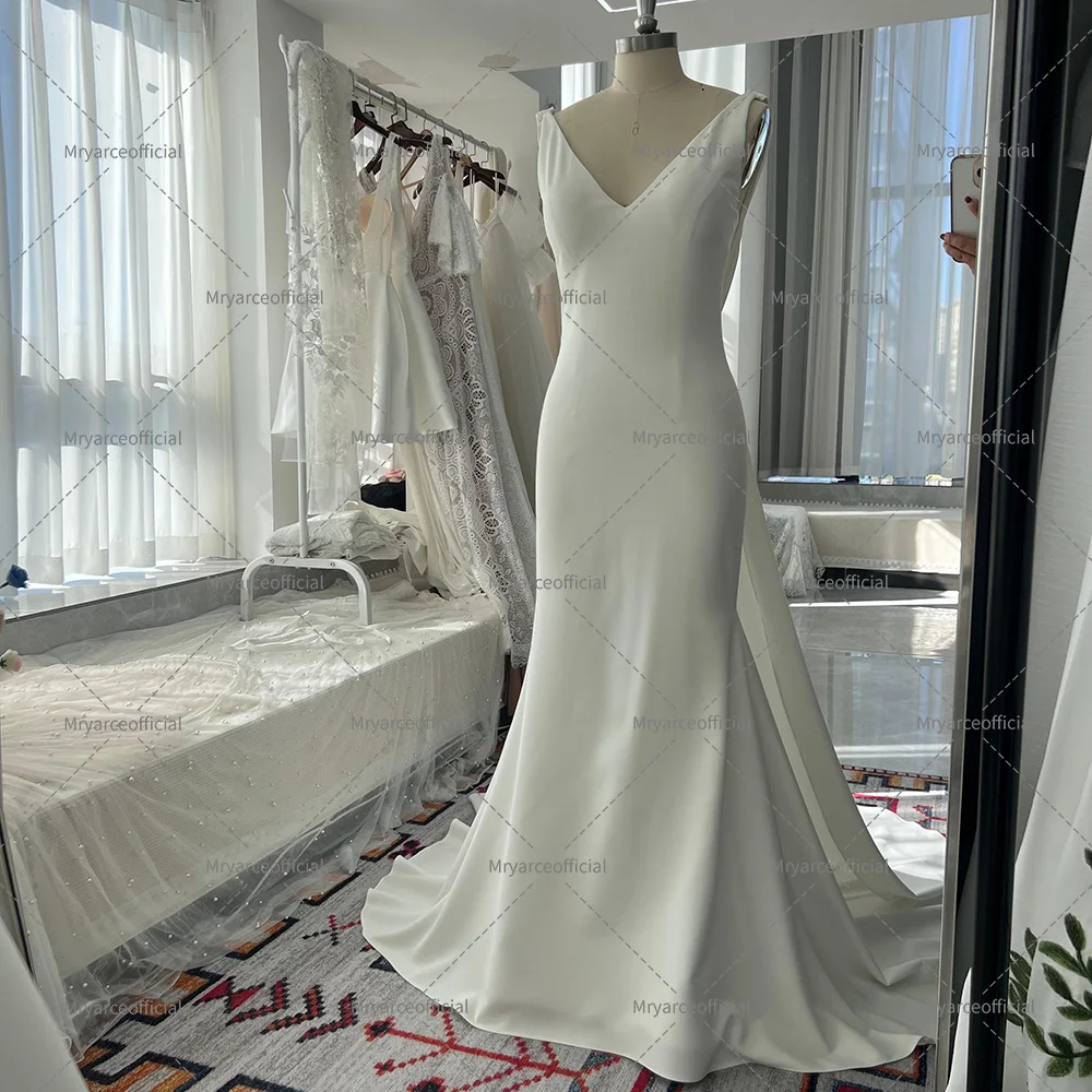 Mryarce 2025 Minimalism Wedding Dresses V Neck Stretch Mermaid Open Back Bridal Gowns With Detachable Train 6