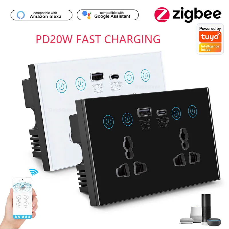 Tomada de Parede Dupla Tuya Wifi Tomada Elétrica Universal Tomada com Usb Interruptor de Toque tipo c Alexa Google Voice Controle Inteligente