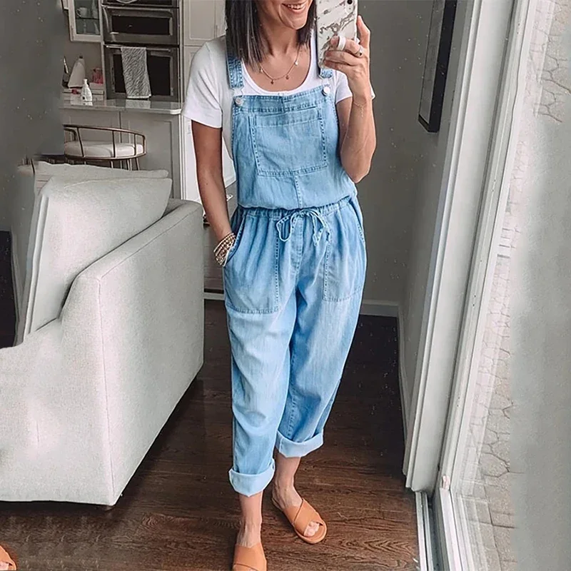 Helisopus New Soft Denim Women Jumpsuit High Waist Solid Color Loose Denim Pants Jeans Loose Drawstring Overalls