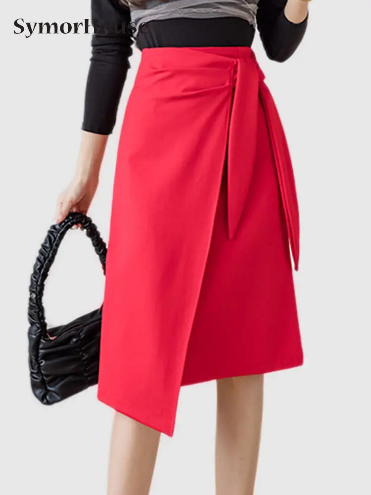 

Women's Skirts Knee-Length Elegant Lace-Up Office Casual High-Waist Asymmetrical Split Hip-Wrapped Skirt Faldas Mujer Moda 2023