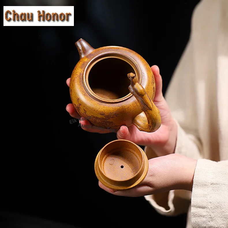 370ml Elegant Yixing Purple Clay Teapots Handmade Flying Handle Pot Raw Ore Section Mud Kettle Zisha Tea Set Tea Services Gift