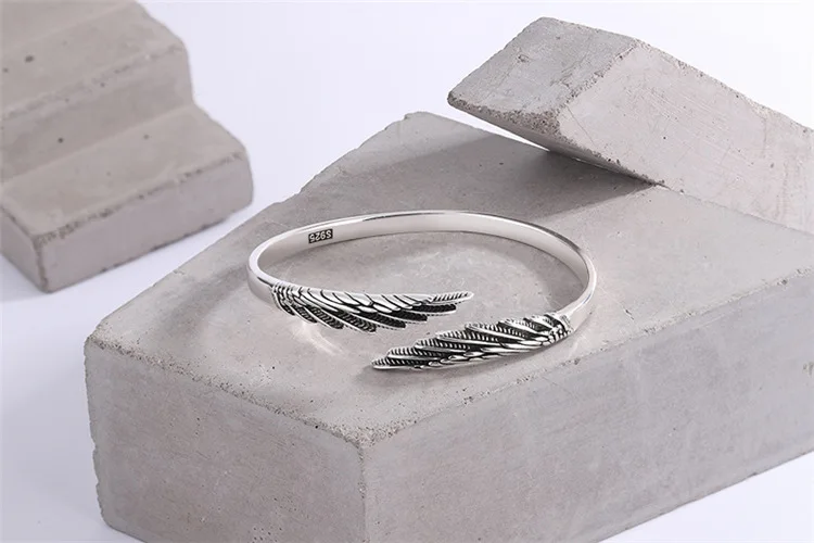 Retro Thai Silber Feder Einfaches Modisches 925 Sterling Silber Personalisiertes Design Flügel Trendige Offene Armbänder SL102 – Detail 2
