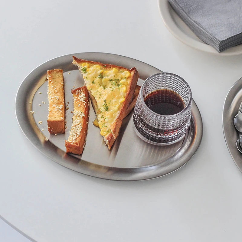1PC Modern Stainless Steel Tray Afternoon Tea Cake Treat Dish Egg Shaped Tray Creative Stainless Steel Elliptical Plate Decor 5