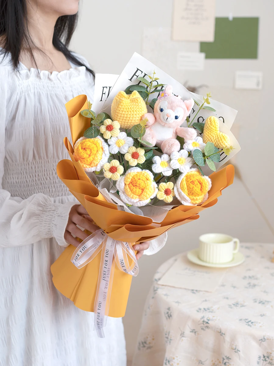 Handmade Knitted Wool Flower Bouquet Bridesmaid Handheld Flower Gift Crocheted Fiber Art Indoor Decorative Fake Flowers