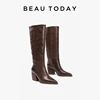 BEAUTODAY Long Boots Women Horse Leather Pointed Toe High Heel Solid Color Pleated Elegant Office Ladies Shoes Handmade 01336