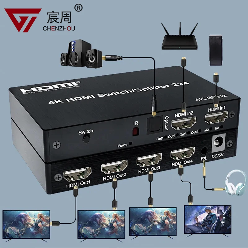 2x2 2x4 HDMI переключатель сплиттер 2 в 4 Выход 3D SPDIF 3,5 мм аудио экстрактор видео конвертер для PS4 DVD ноутбука ПК для ТВ проектора 4k60