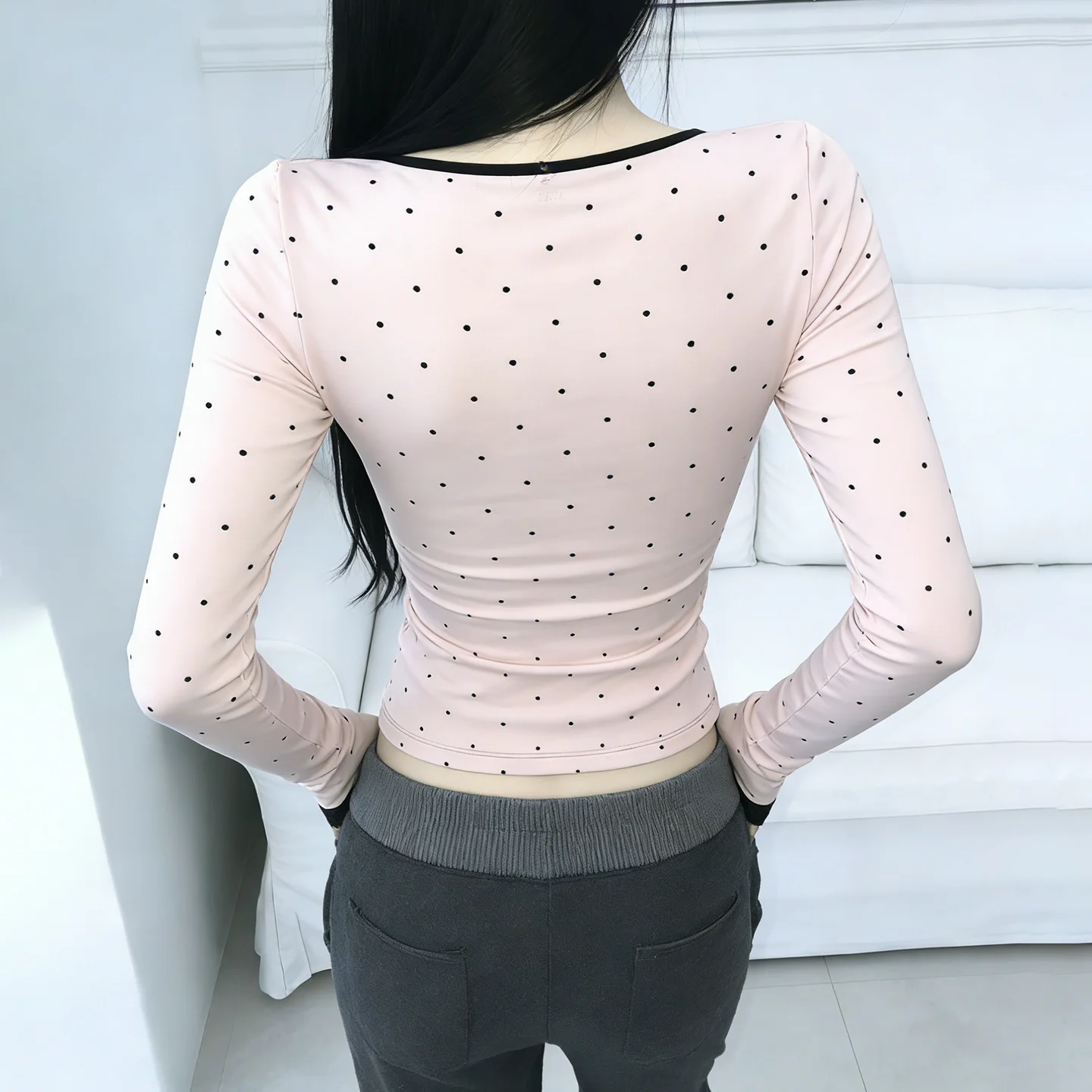 SUCHCUTE Sweet Polka Dot V-Neck Lace Patchwork Top Women Spring Long-sleeve Tees Korean Casual Tops All match coquette outfits 3