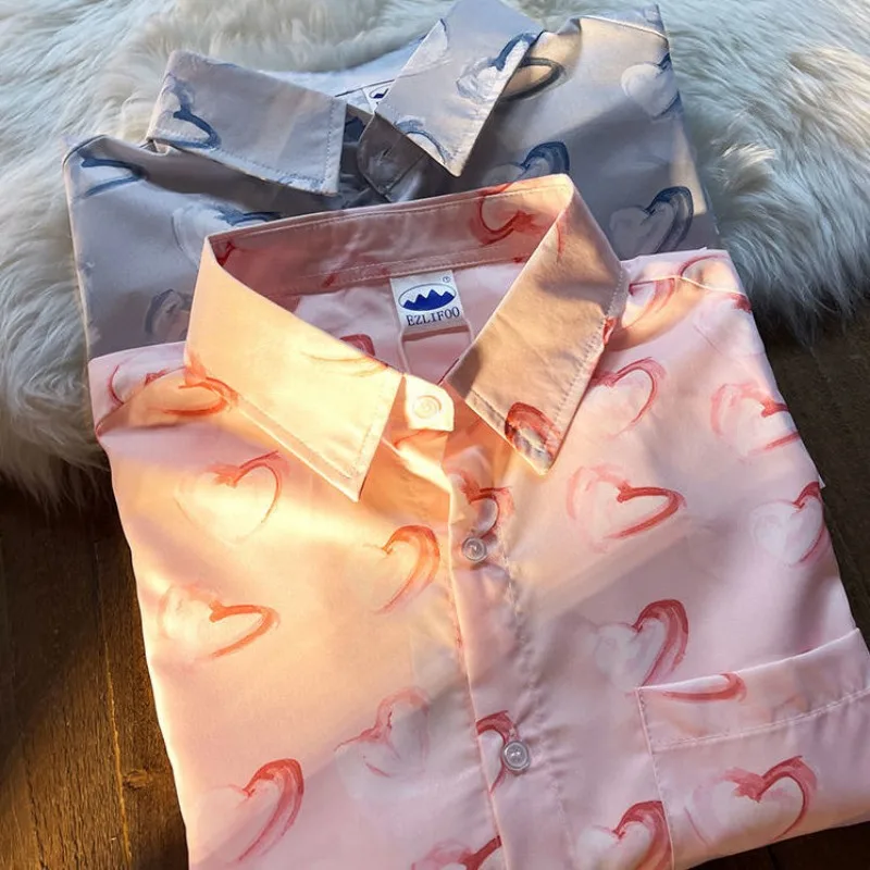 EBAIHUI Love Full Print Short Sleeve Shirt Summer Korean Oversized Women Blouse Loose Lazy Style Flip Collar Cardigan Blusas