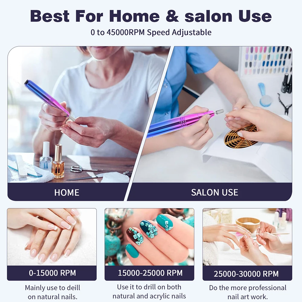 CNHIDS 네일 드릴 머신, 조정 가능한 네일 파일, 네일 액세서리, 젤 네일 광택제 샌딩기, 전문 도구 매니큐어 세트, 45000RPM