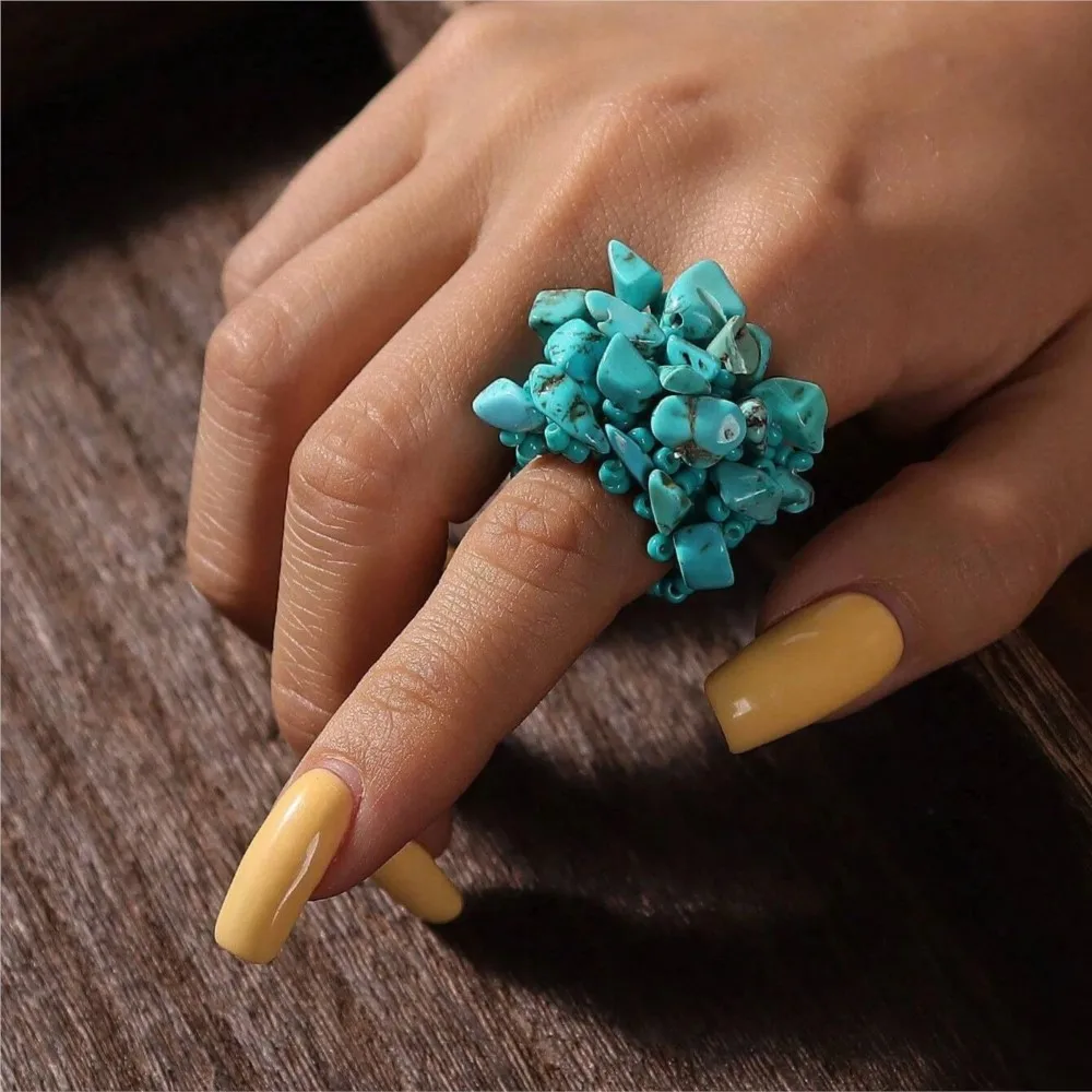 Boho Style Colorful Beaded Finger Ring for Women Natural Stone Irregular Beads Rings Party Jewelry Gifts