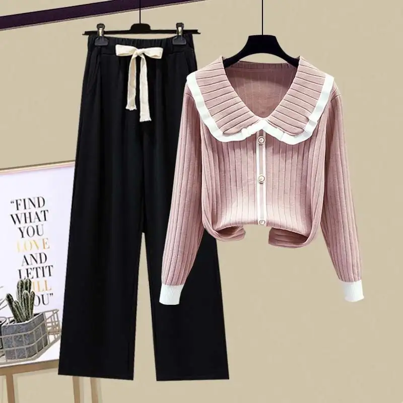 2025 Spring Korean Fashion Knitwear Sweater Wide Leg Pants Two Piece Set Women's Casual Sweatshirts High Waist Trousers Suits - Image 11