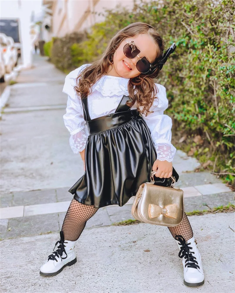 Girls clothing 1-6Y spring autumn fashion girls suits lace round neck bottoming shirt + leather PU strap skirt girls 2-piece set baby clothes set gift