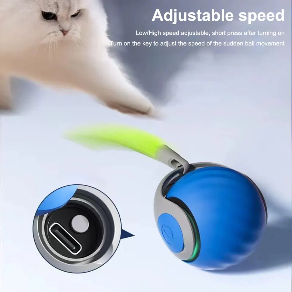 Speedy Tail 2.0, Speedy Tail kattenspeelgoed, interactieve speelbal voor katten, automatisch kattenspeelgoed, USB-oplaadbaar met reservestaart voor hond/katten, 2 stuks, blauw