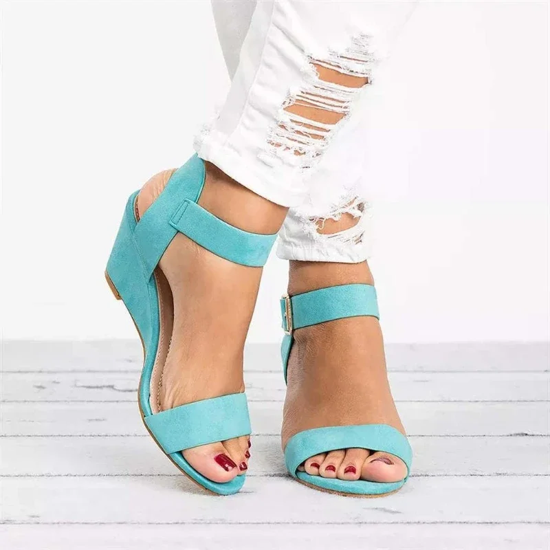 New Summer Women's Sandals Fashion Buckle Shoes Open Toe Wedge Casual Shoes Women Plus Size 43 Candy Color Sandals Women