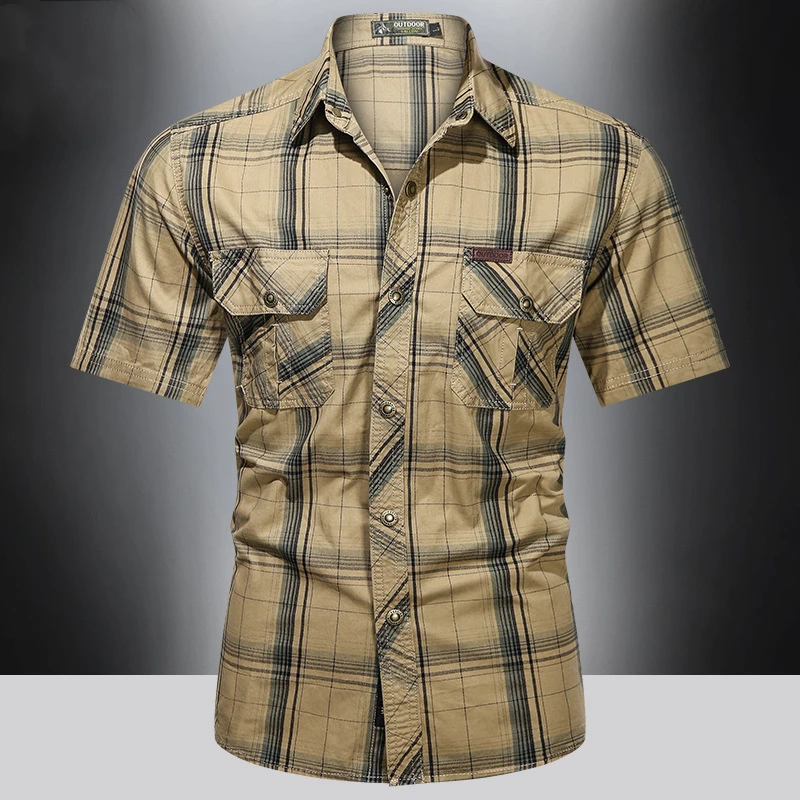 Tooling Plus Size Men Plaid Short Sleeve Shirt Summer Loose Casual Fashion All-match Outdoor Tops Male Classic Brand Cargo Shirt black short sleeve shirt