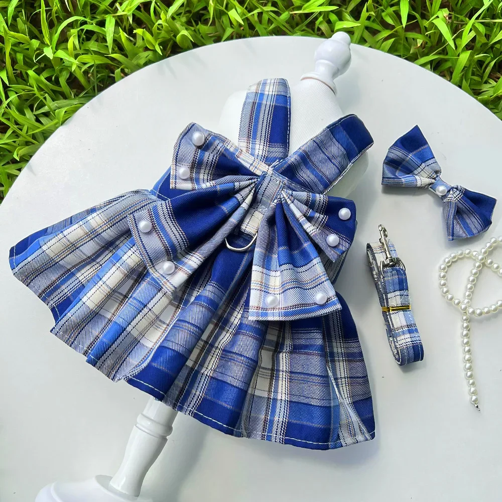 Pet Harness Leash Set Cute Plaid Dog Dress Cat Dog Holiday Party Costume Summer Girl Pet Clothes Bowknot Puppy Princess Dresses pet harness leash set pet harness set