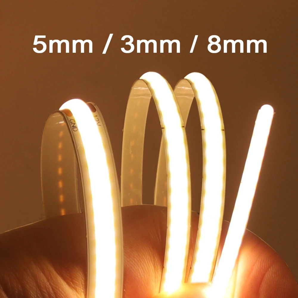 

5V 12V 24V COB LED Strip Light 320 480 384 528 LEDs Flexible Tape 5mm 3mm 8mm PCB Warm Natural White High Density Linear Lights