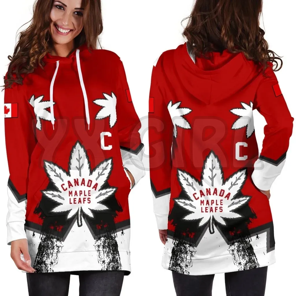 

YX GIRL Canada Canadian Maple Leafs 3D Printed Hoodie Dress Novelty Hoodies Women Casual LongSleeve Hooded Pullover Tracksuit