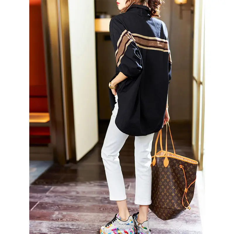 Fashion Loose Spliced Asymmetrical Diamonds Shirts Women's Clothing 2023 Autumn Winter Oversized Casual Tops Commuter Blouses
