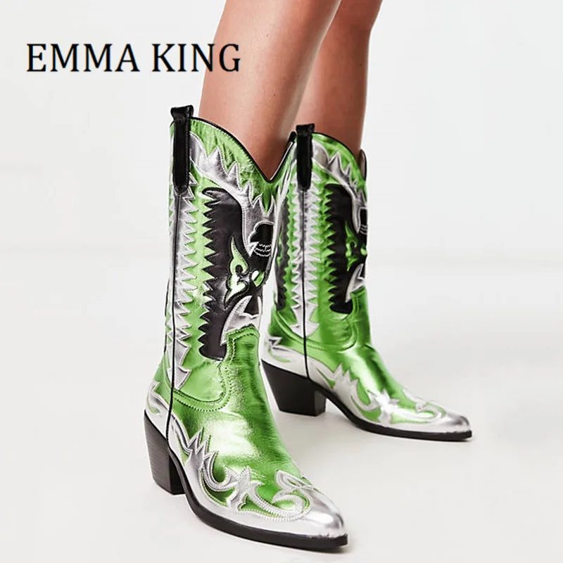 

Multi Color Metallic Leather Cowboy Boots Western Style Block Heel Knight Boots Sexy Pointy Toe Slip On Embroidery Biker Boots