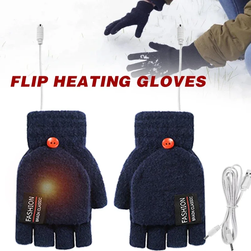 

Winter Electric Rechargeable Mitten Heated Gloves Knitted Fingerless Flip Gloves Warm Flexible Gloves for Unisex Mittens Glove