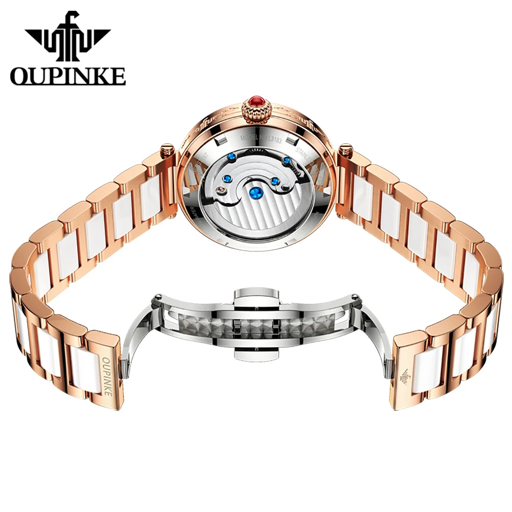 OUPINKE 3183 Women's Watches Original Hollow Automatic Mechanical Watch For Woman Luxury Ceramic Steel Strap Ladies Wristwatches