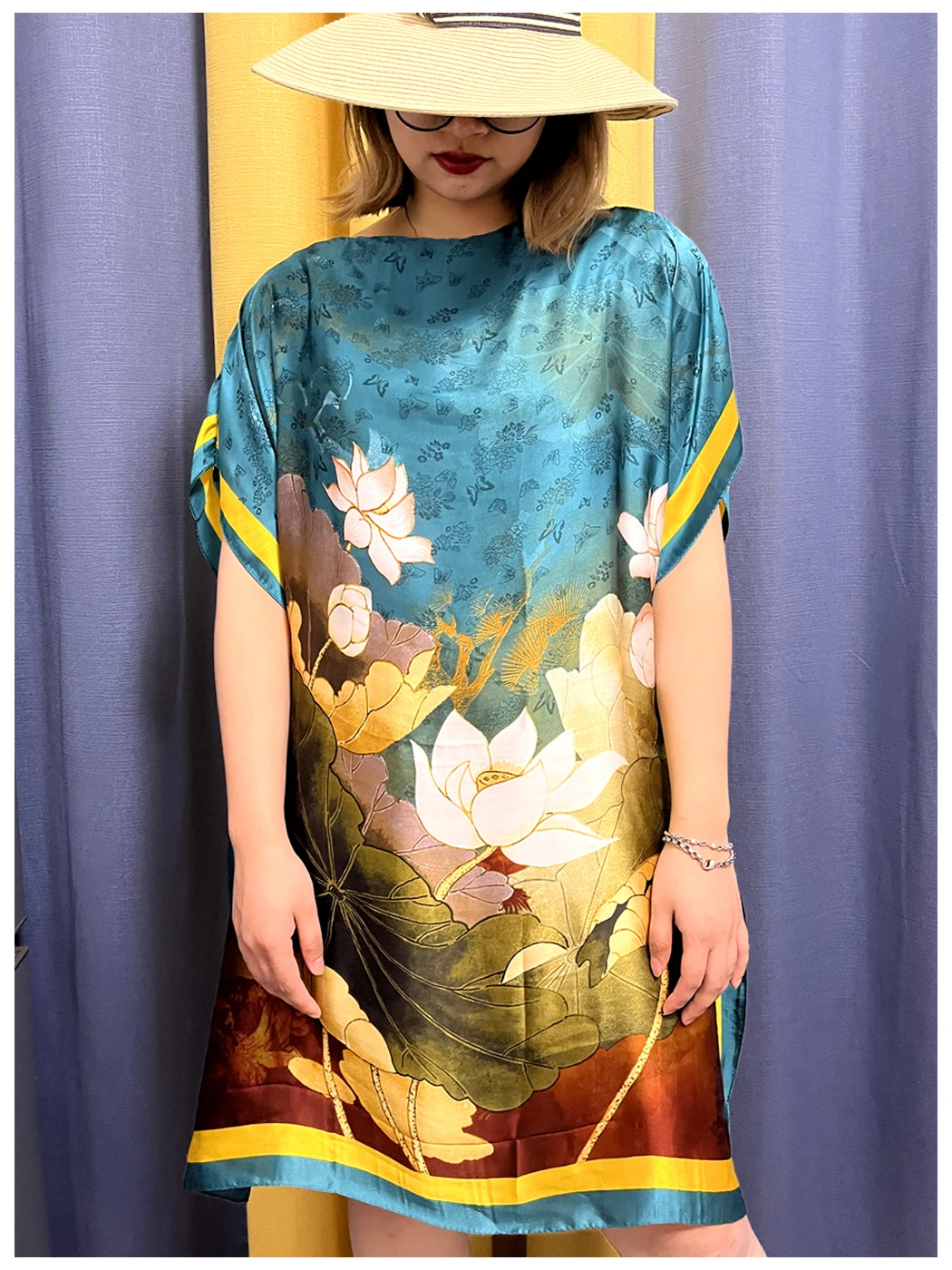 

New Fashion African Summer Short Dress For WomenSilk Farbic Printed Flower Loose Holiday Party Skirt Niger Israel Evening Dress