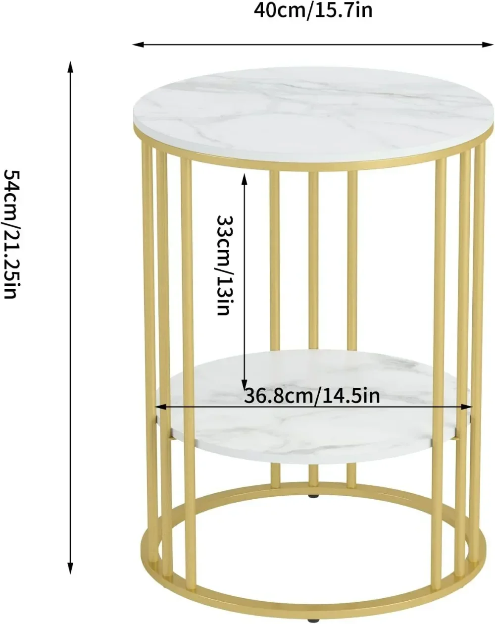 2 Tier Round White Sofa Side Table-Small Coffee Table with Golden Frame-Modern Bedside Nightstand for Living Room Bedroom