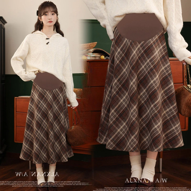 Korean Style Maternity Coffee Long Plaid Skirts Thick Warm Pregnant Woman Woolen Belly Skirt Plus Size Pregnancy Umbrella Skirt